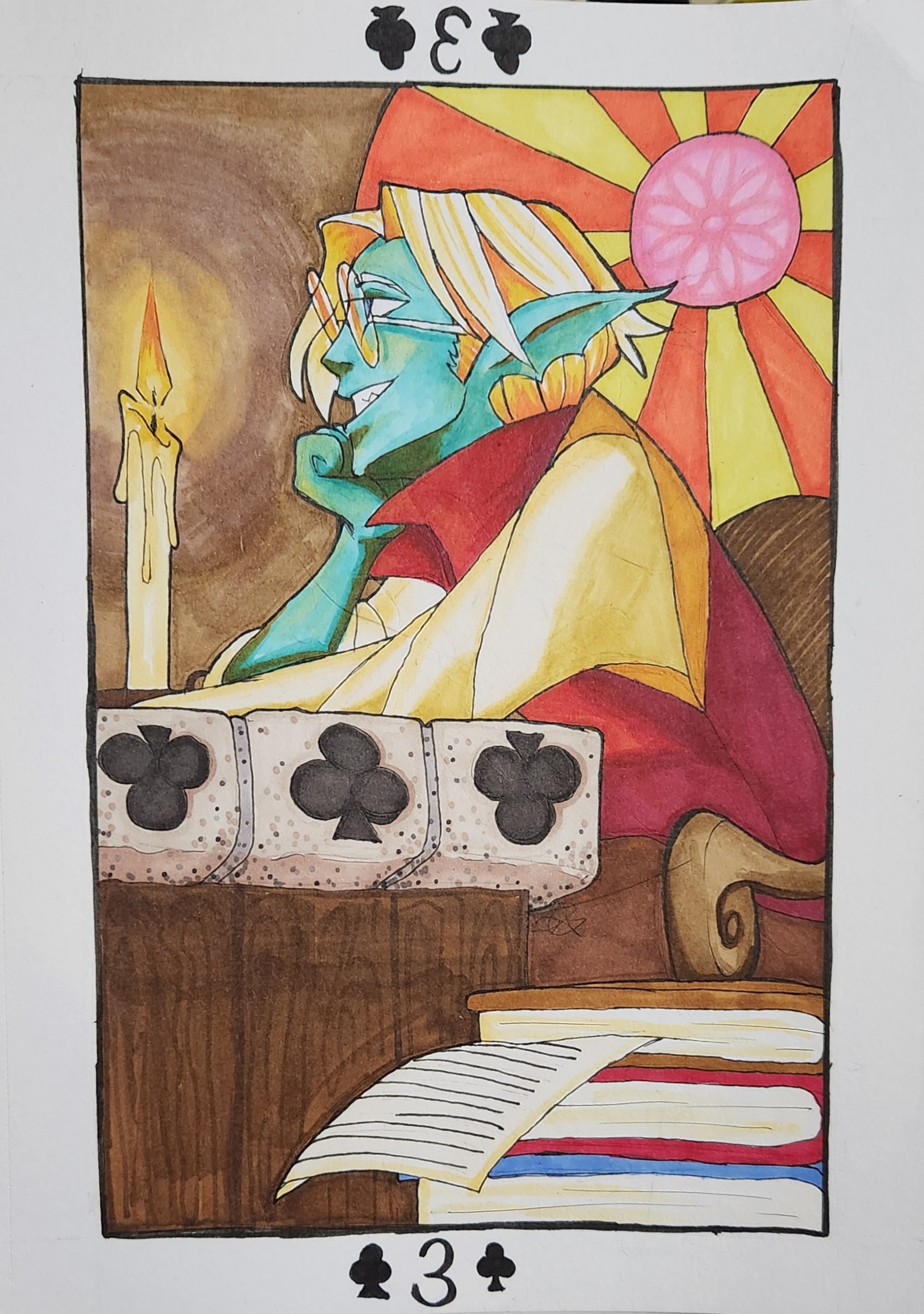 A blue skinned Sea elf sits at a desk in candle light. Behind him is orange and yellow stained glass. The desk's edge has three club symbols. There is one candle that illuminates his face, a pile of books at his side. He has short blonde hair, large round glasses, and red attire. He holds his chin in his hand and is looking off to the Right so he is in profile. Two symbols for clubs is above and below the frame with the number 3 between each pair.