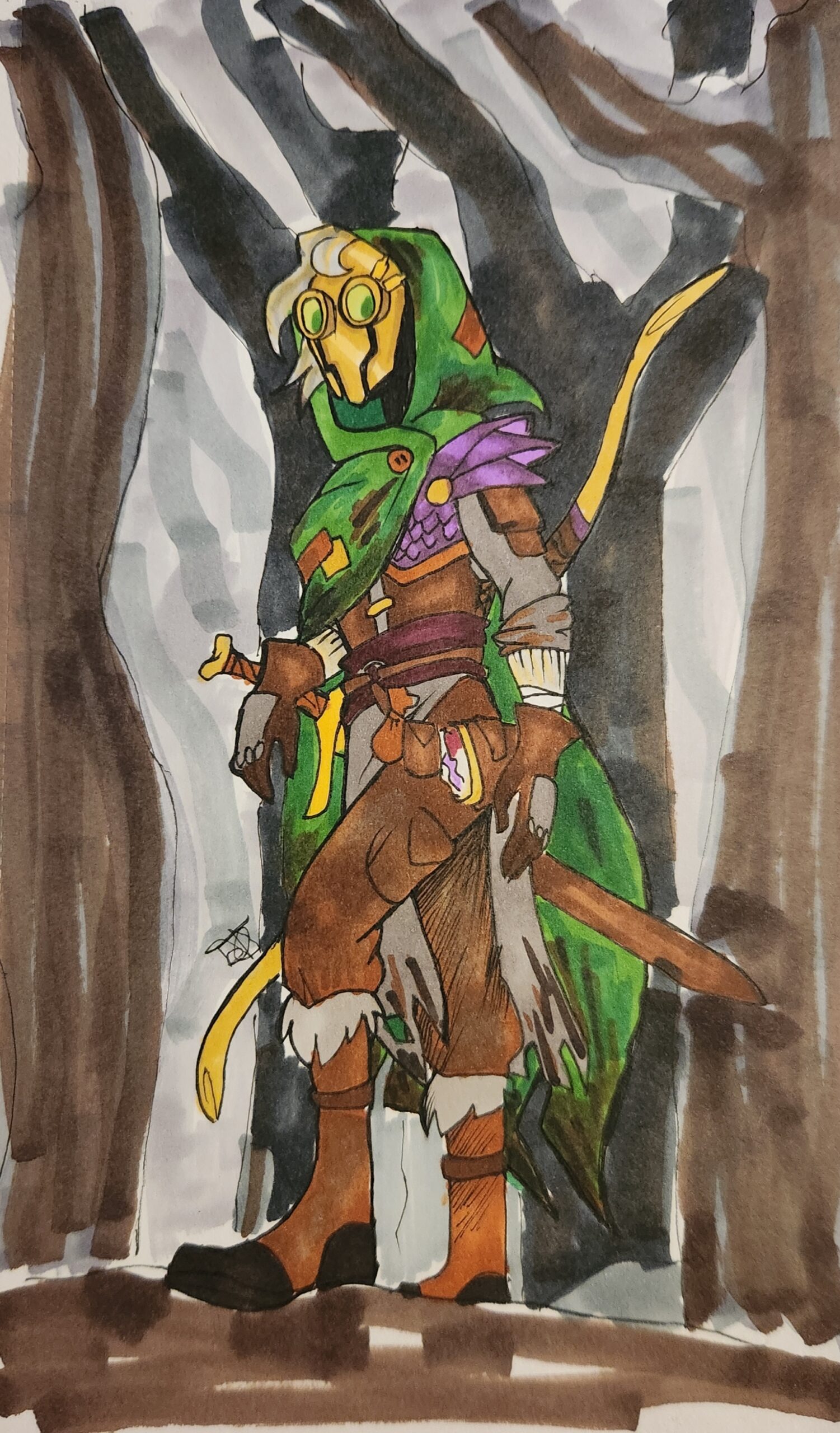 A depiction of a masked ranger in the woods. His mask is made of metal and blonde hair peaks out of his dark green cloak hood. The cloak is thrown over his shoulder, mess and patched. He wears leather armor, with the revealed shoulders armor being made of violet dragon scales. His gray tunic is long and tattered. Around his waist is a dark maroon sash and belt. Hooked to the belt are various pouches and an over stuffed journal on the right side. On the left, away from the viewer sits his long sword. His tunic's sleeves are rolled up to reveal black veins on his fore arms. He wears armored gloves over bandages. On his back - higher and angled opposite the sword - is an de-stringed long bow. His dark brown cargo pants are tucked into fur-lined hiking boots. He is steping over a lock and is looking down at the viewer. The background is shadowy implied depiction of trees.