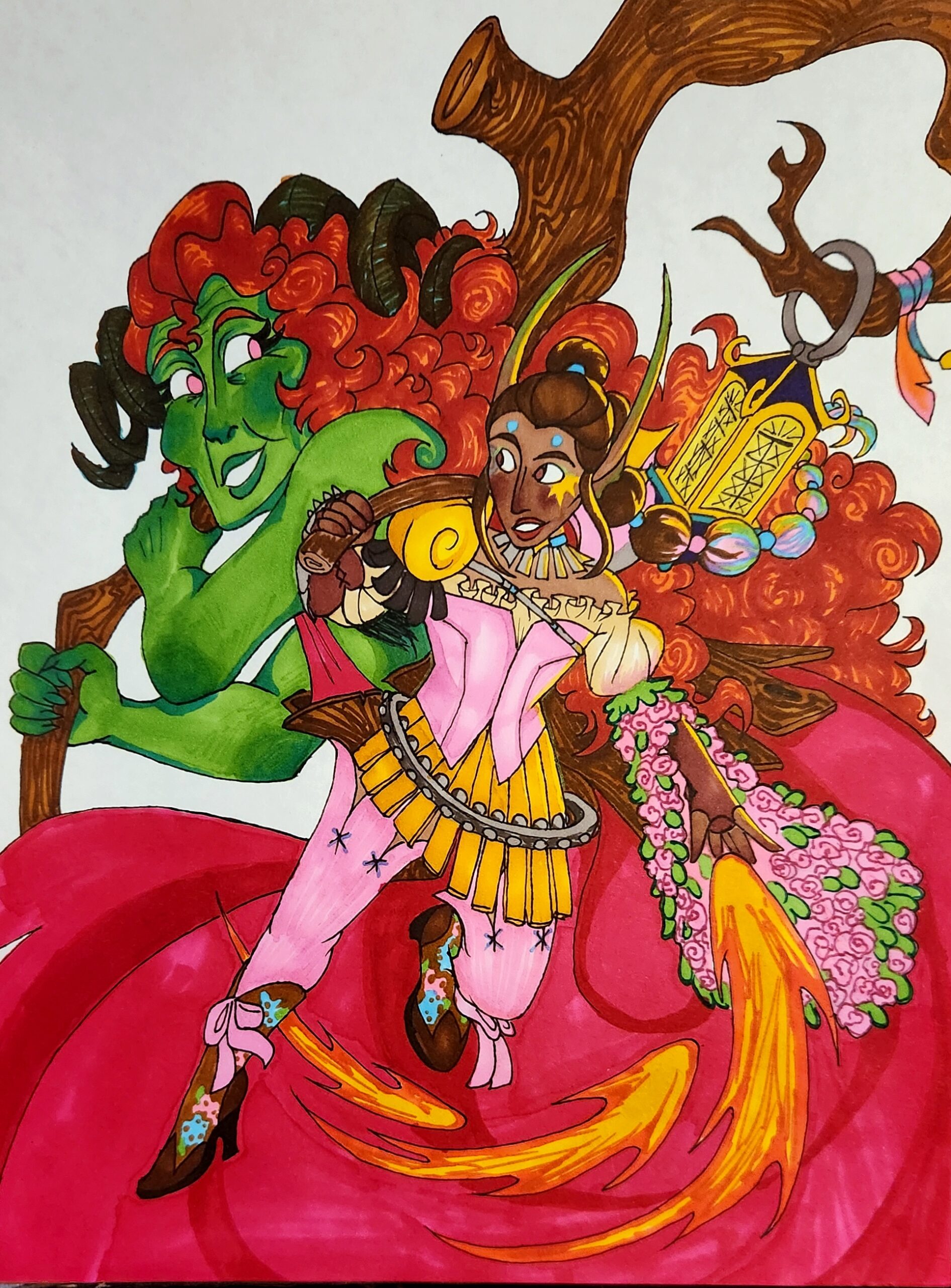 Naevys is a brown skin Elf with dark brown hair pulled into a bubble braid. They are smiling at Auntie Evrita. Their hair fades into a variety of colors. Their outfit is a pink vest over a puffy peasant blouse. One sleeve is a large cascade of flowers, the other is heavy Armor. Their skirt is made of gold armored bands and they wear flower-like thigh highs. Their shoes are heeled boots with flowers on them. They wear makeup of a sun and moon around their eyes. Over their shoulder the wield a pastel pink axe, and in the other hand three fire bursts trail off. Behind them is Auntie Evrita, a green skinned hag with flame red hair in a dark red dress. Her eyes are pink. She is smiling down at Naevys. Her Bodice is made of wood planks. She has large spiraled brown horns, and a large staff clutched in her hands. The staff curls over and behind her. At the end is many trinkets and a large lantern that backlights Naevys.