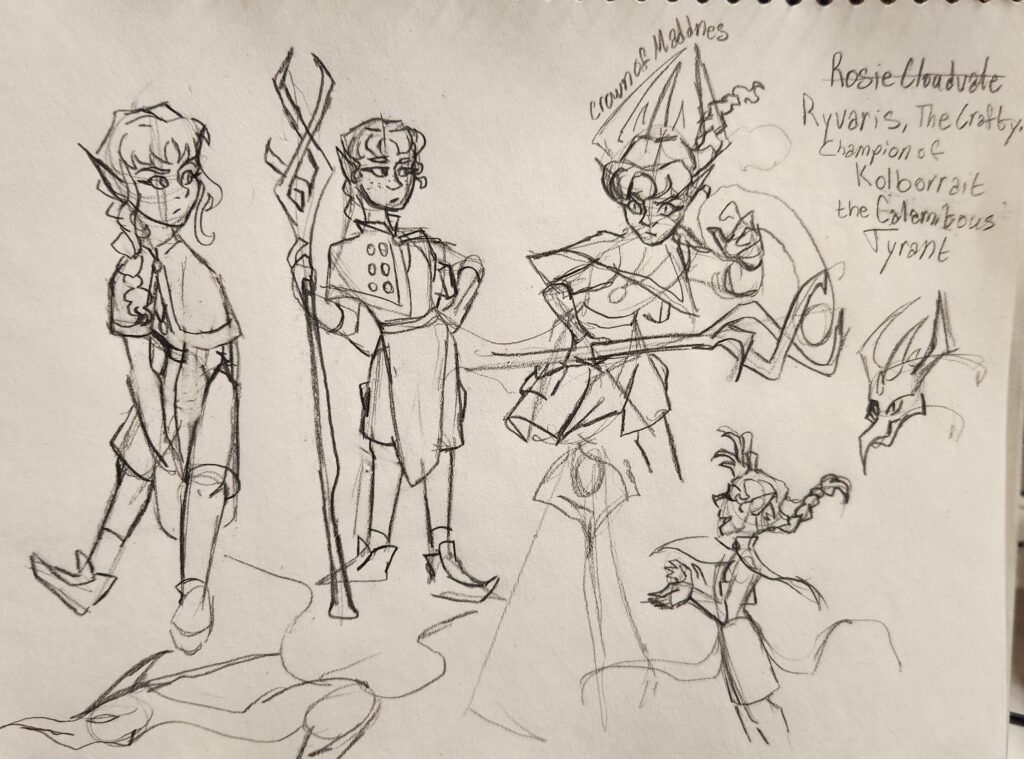 Multiple Sketches of a thirteen year old half elf warlock. She wears a half cape, tunic and cargo pants. her hair is in a braid. She wields a gnarled staff. From Left to right: The girl leans back and is slouched. Her half cape is on correctly and her expression looks off right with confusion. Now the girl stands with her staff with her fist on her cocked hip. her half cape is askew and she has some badges. A battle Pose of the girl casting crown of maddness. Her hair and the half cape - devoid of badges - floats up. In one hand she holds her staff horizontally and the other has a magic energy around it. Spectral Dragon horns form a crown around her head. There a small doodle of a dragon head with similar horns. Then a doodle of her seemingly performing some ritual with her staff floating in front of her. She is in profile and her hair a loose fabric float up. Her hands are outstretched before her as she chants. At the bottom left of the page is another doodle of a dragon from head to shoulder.