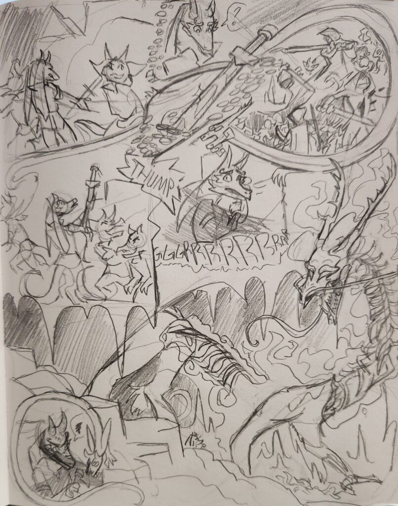 A messy pencil comic of one kobold amoung many. They bring in a pile of treasure, where a short sword sticks out. The kobold remembers how he obtained the weapon; from a skilled swordsman. He picks the sword up but is startled by a massive undead dragon that leads the kobolds.